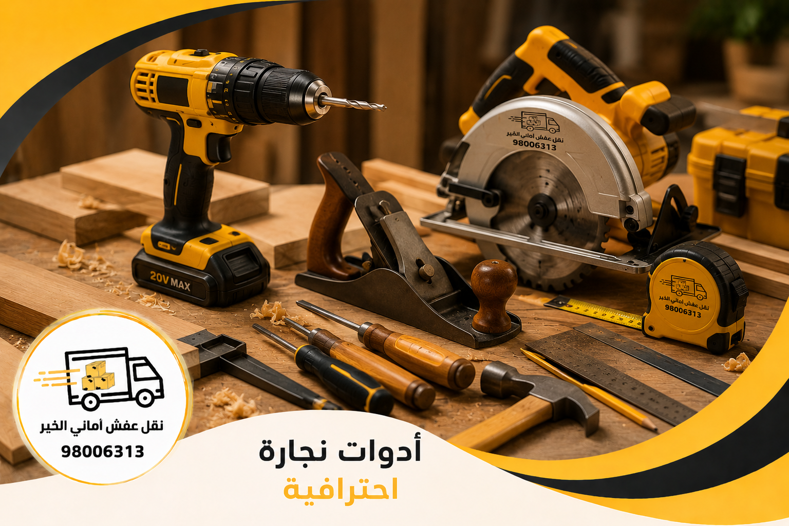 مجموعة من أدوات النجارة الاحترافية المستخدمة في فك وتركيب وصيانة الأثاث في الكويت.